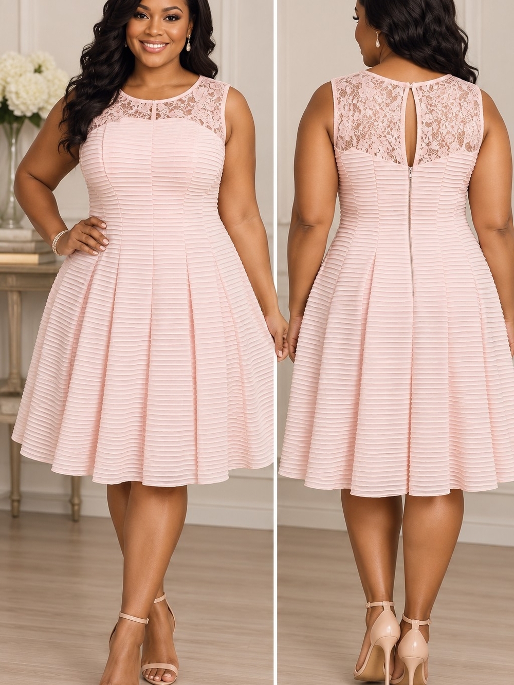 Danny & Nicole Blush Pink Lace Yoke Fit-and-Flare Midi Dress